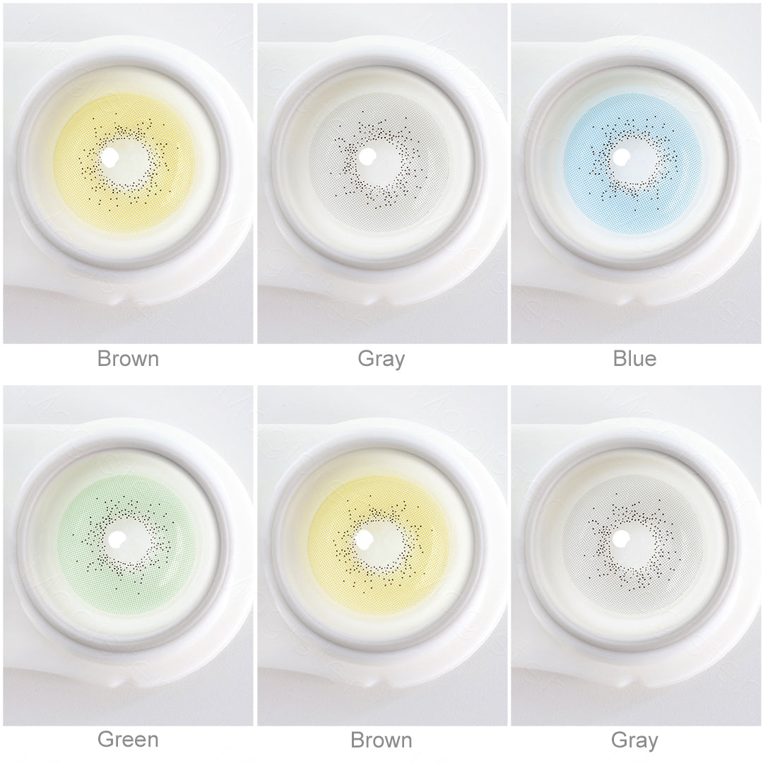 Array of BeNatural contact lenses in a white case, showcasing five colors:Brown，Gray，Blue，Green. Each lens is labeled with its color name beneath the case.