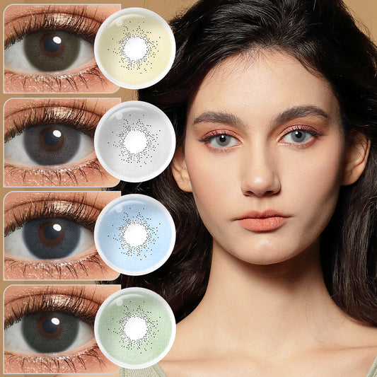 A brown-eyes model showcasing BeNatural natural colored contact lenses, display the eyes effect of Brown，Gray，Blue，Green with close-up insets highlighting the natural and enhanced eye colors available.