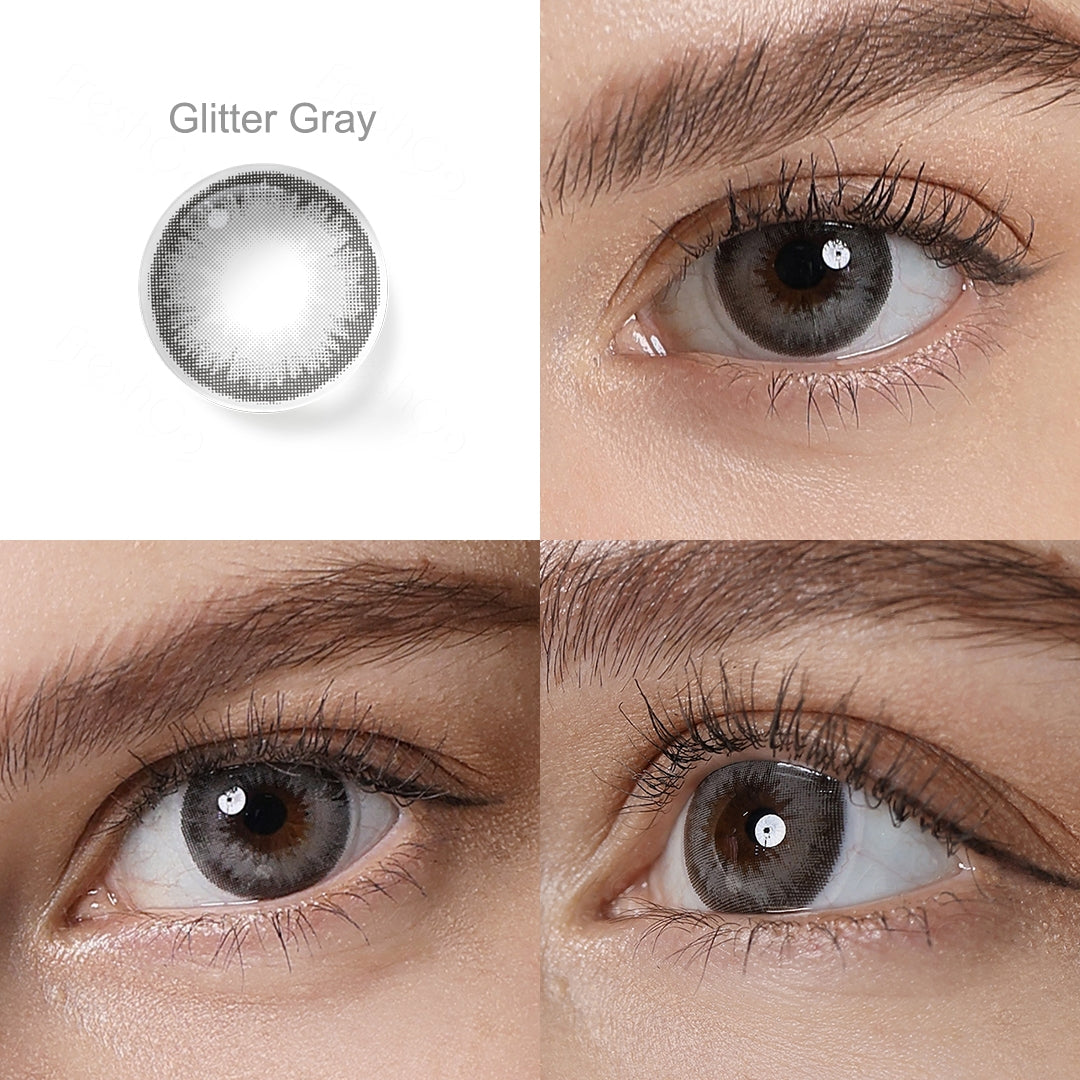 Grid display of 1 shade of DIAMOND Cosmetic Contacts, which is Glitter Gray,with a close-up view of the lens pattern and the effect on a brown-eyed model in 3 different angel.