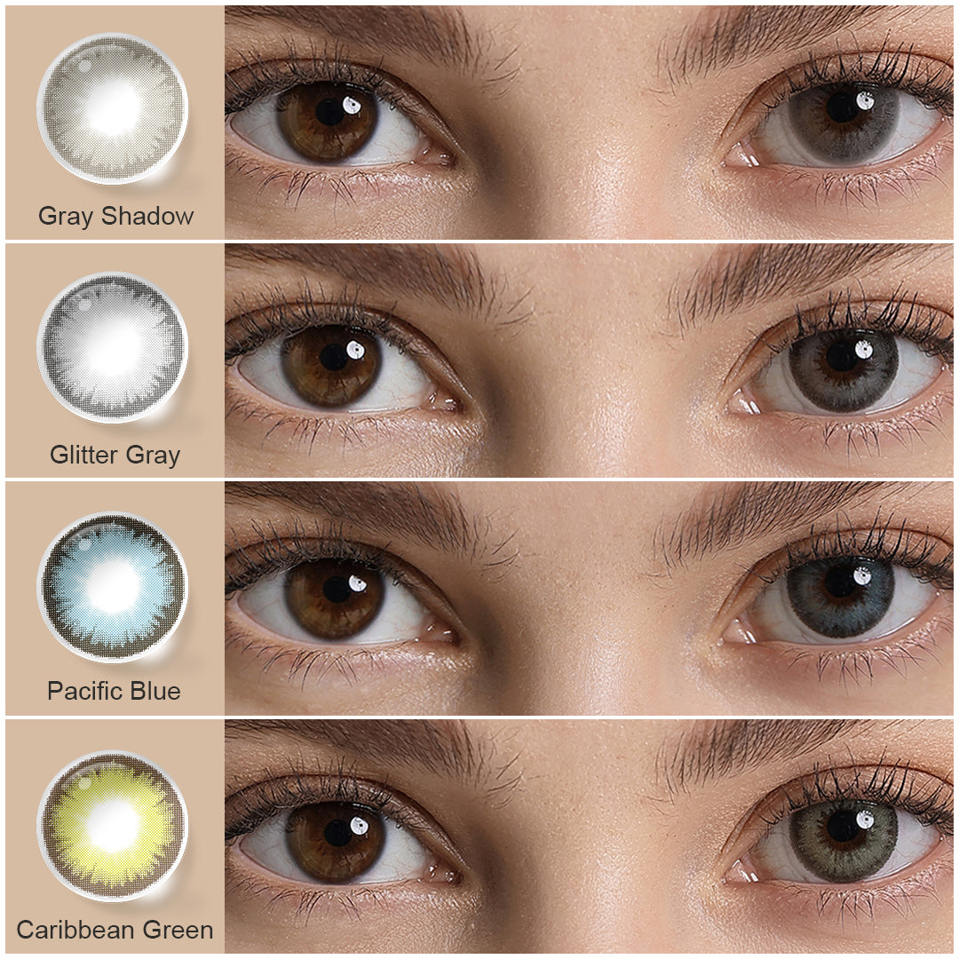 A display of DIAMOND colored contact lenses in Glitter Gray, Pacific Blue, Gray Green, Gray Shadow, Caribbean Green, Allure Blonde, each shown both as a lens swatch and wearing comparison in a close-up of a model's eye , with the color names labeled beneath each image.