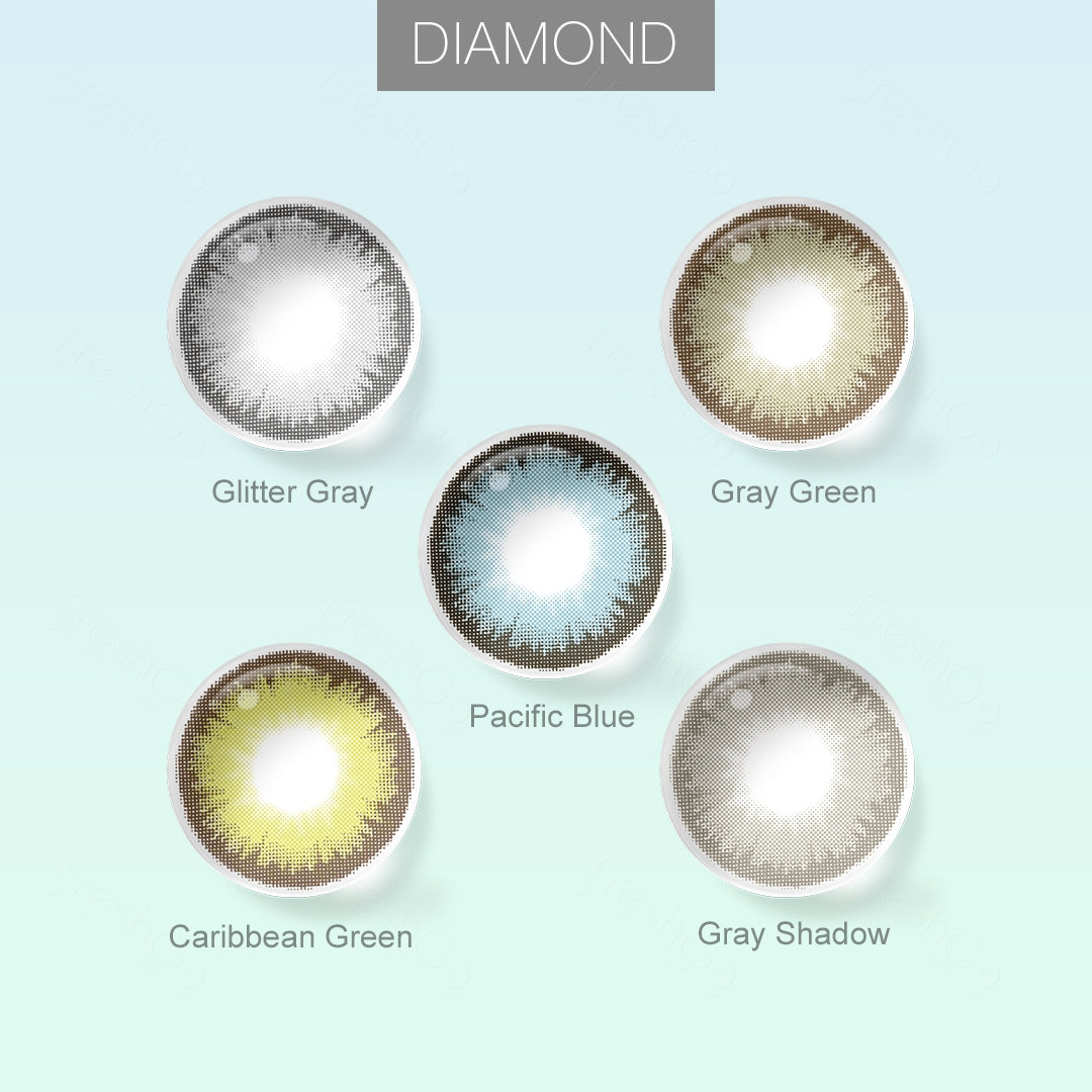 Grid layout of DIAMOND colored contact lenses in various shades with each lens' color name: Glitter Gray, Pacific Blue, Gray Green, Gray Shadow, Caribbean Green, Allure Blonde with close-up insets highlighting the natural and enhanced eye colors available., on a soft gradient background.