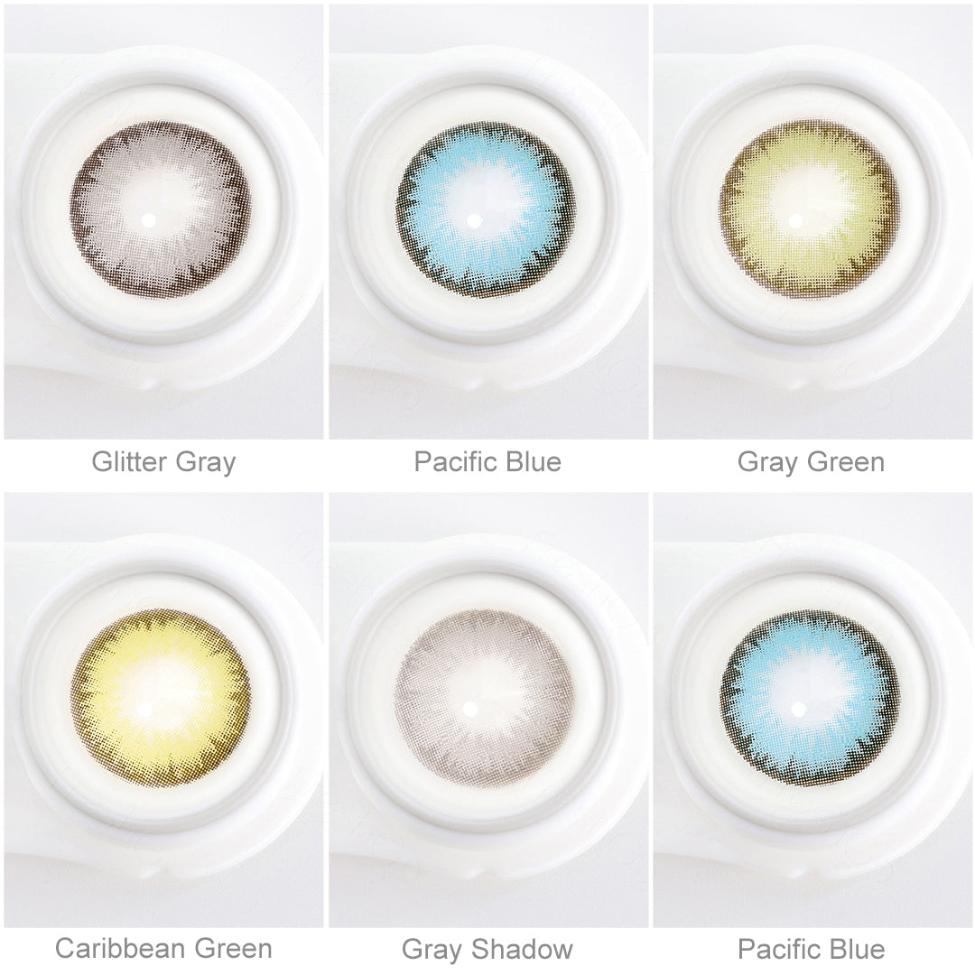 Array of DIAMOND contact lenses in a white case, showcasing five colors:Glitter Gray, Pacific Blue, Gray Green, Gray Shadow, Caribbean Green, Allure Blonde. Each lens is labeled with its color name beneath the case.