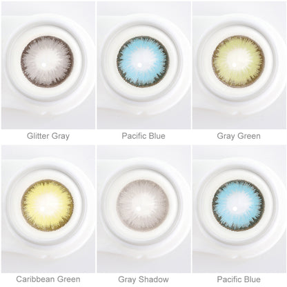Array of DIAMOND contact lenses in a white case, showcasing five colors:Glitter Gray, Pacific Blue, Gray Green, Gray Shadow, Caribbean Green, Allure Blonde. Each lens is labeled with its color name beneath the case.