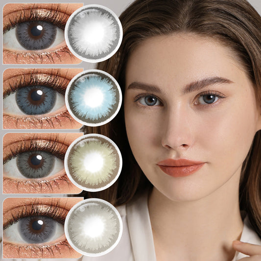 A brown-eyes model showcasing DIAMOND natural colored contact lenses, display the eyes effect of Glitter Gray, Pacific Blue, Gray Green, Gray Shadow, Caribbean Green, Allure Blonde with close-up insets highlighting the natural and enhanced eye colors available.