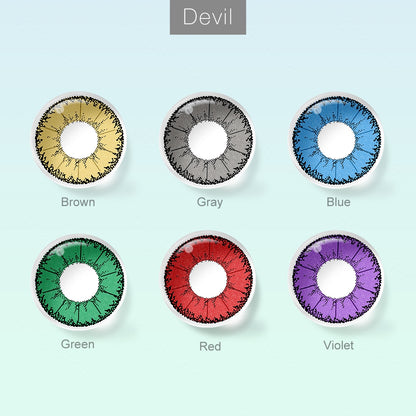 Grid layout of devil colored contact lenses in various shades with each lens' color name:Red,Green, Gray,Brown, Blue,Violet on a soft gradient background.