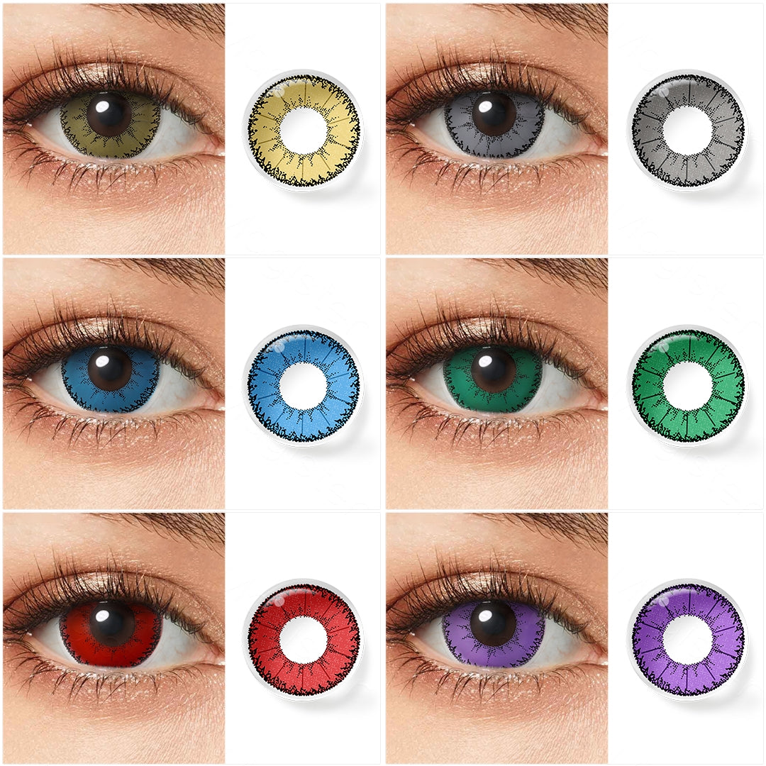 Grid display of 6 shades of devil colored contacts, showing a variety of shades including Red,Brown,Green,Blue ,Violet,Gray ,each paired with a close-up view of the lens pattern and the effect on a brown-eyed model.