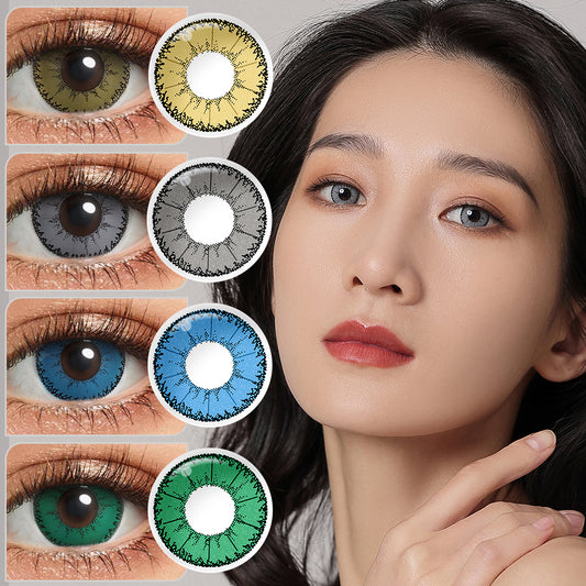 A young lady showcasing devil colored contact lenses, with close-up insets highlighting the natural and enhanced eye colors available.