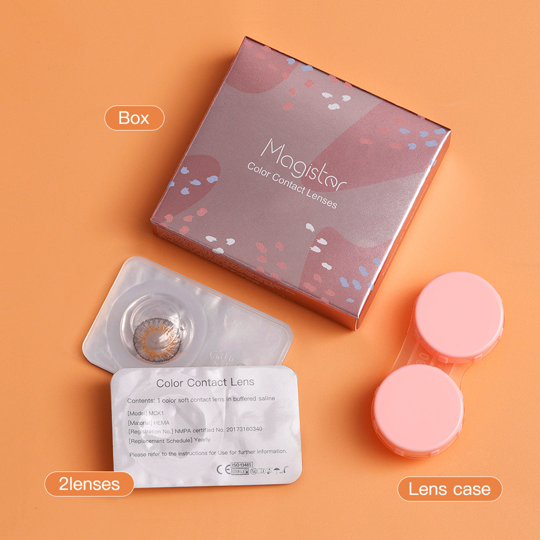 colored contacts packaging with 1 pair contact lenses and 1 piece case inside