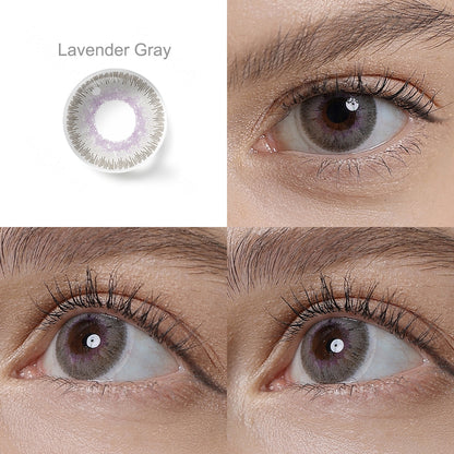 Grid display of 1 shade of ELITE Cosmetic Contacts, which is Lavender Gray,with a close-up view of the lens pattern and the effect on a brown-eyed model in 3 different angel.