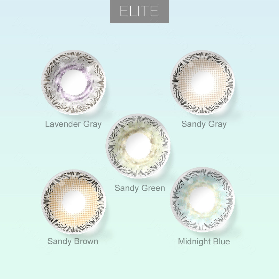 Grid layout of ELITE colored contact lenses in various shades with each lens' color name: Lavender Gray，Midnight Blue，Sandy Green，Sandy Gray，Sandy Brown with close-up insets highlighting the natural and enhanced eye colors available., on a soft gradient background.