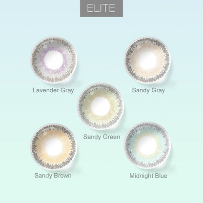 Grid layout of ELITE colored contact lenses in various shades with each lens' color name: Lavender Gray，Midnight Blue，Sandy Green，Sandy Gray，Sandy Brown with close-up insets highlighting the natural and enhanced eye colors available., on a soft gradient background.