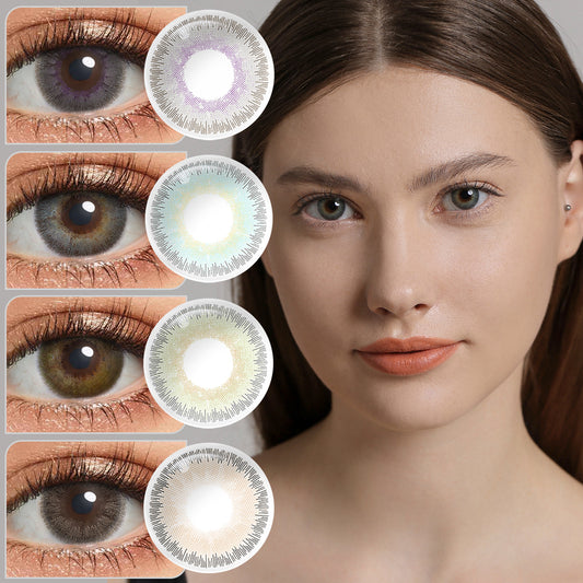 A brown-eyes model showcasing ELITE natural colored contact lenses, display the eyes effect of Lavender Gray，Midnight Blue，Sandy Green，Sandy Gray，Sandy Brown with close-up insets highlighting the natural and enhanced eye colors available.