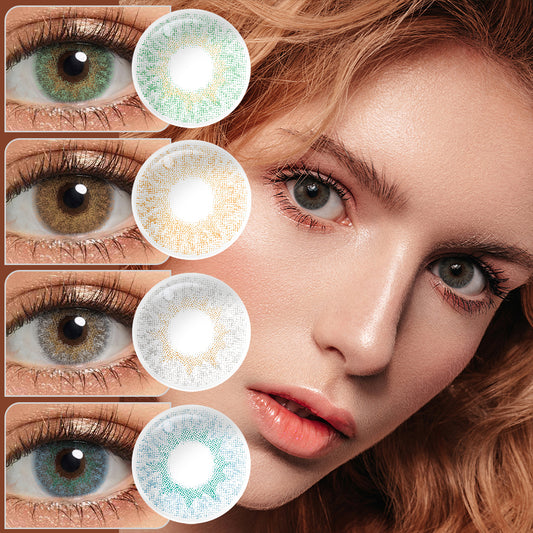 A brown-eyes model showcasing EXTRA natural colored contact lenses, display the eyes effect of  Gray,Turquoise,Honey,Blue,Cappuccino,Green with close-up insets highlighting the natural and enhanced eye colors available.