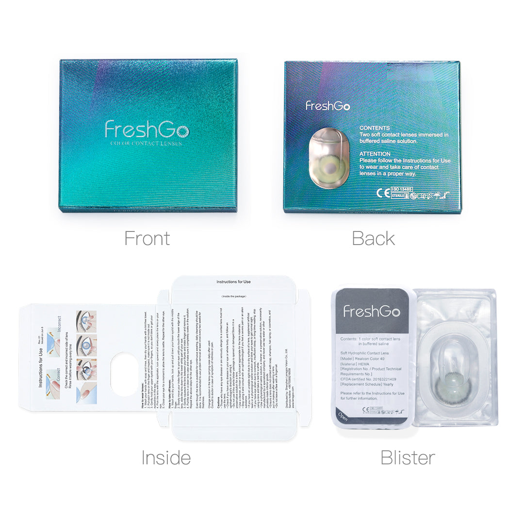 Package display of Freshgo colored contact lenses: front, back and inside. Each box including 2 pieces of lenses in blister.
