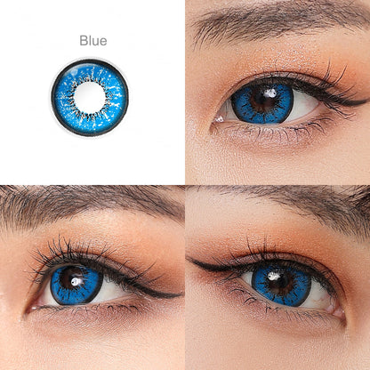 Grid display of Flame colored contact lenses featuring one shade: Blue.  lens color is shown worn on a close-up of an eye, with the name of the shade displayed beneath it.