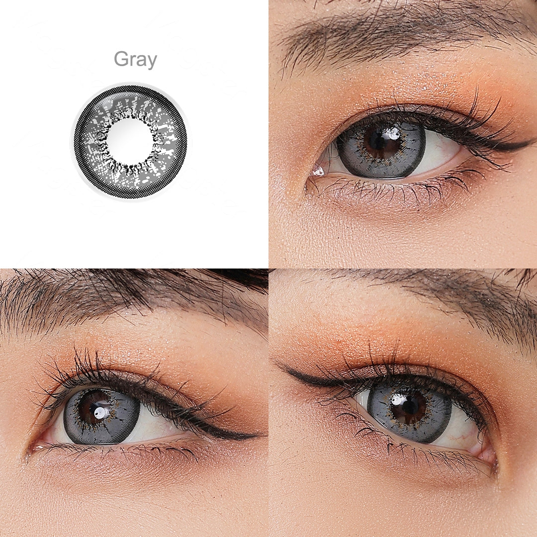 Grid display of Flame colored contact lenses featuring one shade: Gray.  lens color is shown worn on a close-up of an eye, with the name of the shade displayed beneath it.