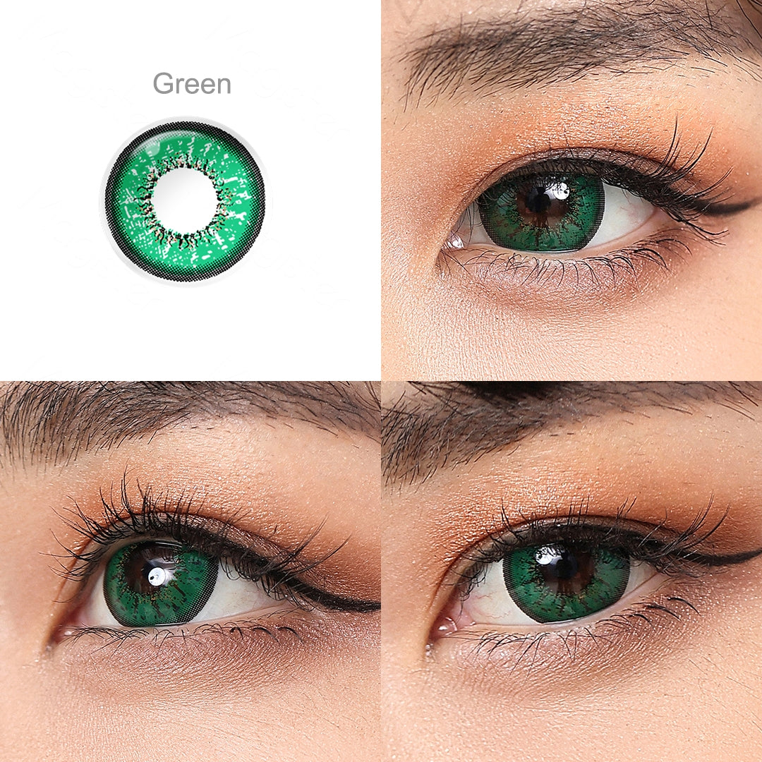 Grid display of Flame colored contact lenses featuring one shade: Green.  lens color is shown worn on a close-up of an eye, with the name of the shade displayed beneath it.