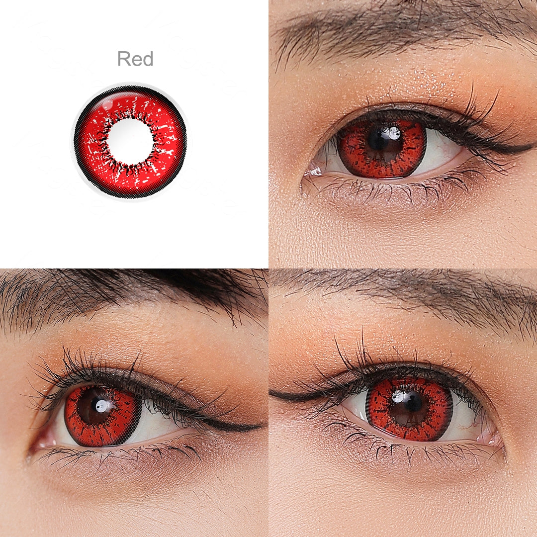 Grid display of Flame colored contact lenses featuring one shade: Red. Red lens color is shown worn on a close-up of an eye, with the name of the shade displayed beneath it.