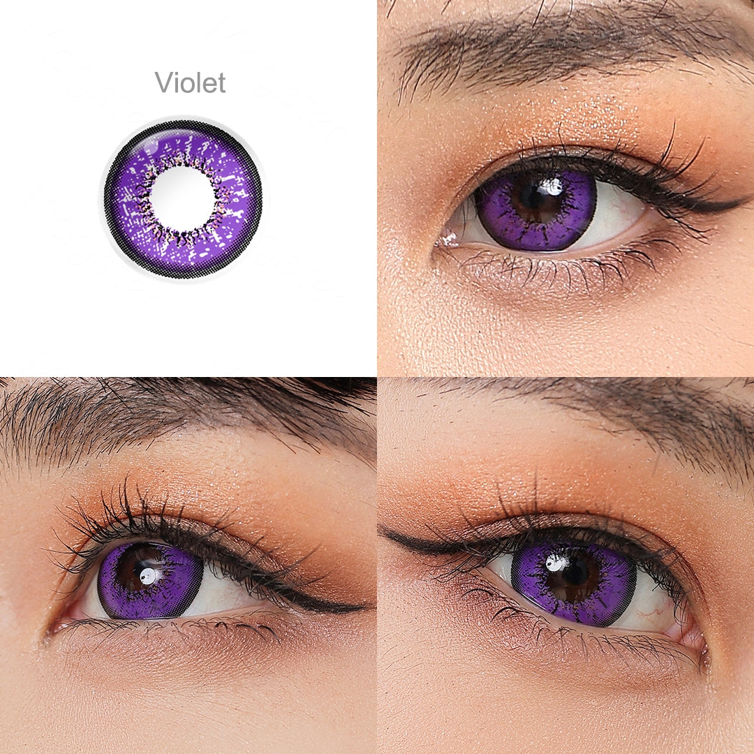 Grid display of Flame colored contact lenses featuring one shade: Violet.  lens color is shown worn on a close-up of an eye, with the name of the shade displayed beneath it.
