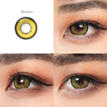 Grid display of Flame colored contact lenses featuring one shade: Brown.  lens color is shown worn on a close-up of an eye, with the name of the shade displayed beneath it.