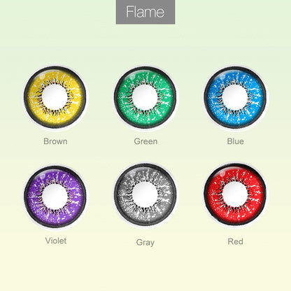 Grid layout of Flame colored contact lenses in various shades with each lens' color name: Brown, Green, Blue, Violet,Gray, Red, on a soft gradient background.