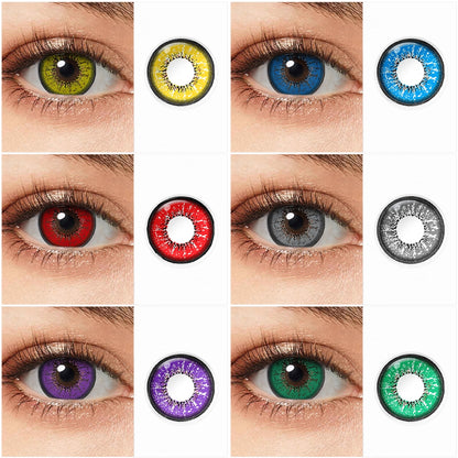 Grid display of 6 shades of Flame colored contact lenses, showing a variety of shades including brown,blue, green, gray, violet and red, each paired with a close-up view of the lens pattern and the effect on a brown-eyed model.