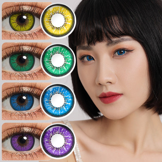 A young lady showcasing Flame colored contact lenses, with close-up insets highlighting the fashion and enhanced eye colors available.