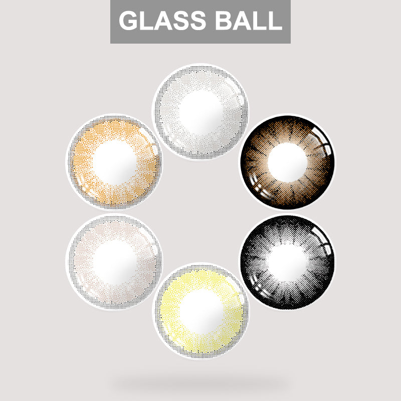 Grid layout of Glass Ball colored contact lenses in various shades with each lens' color name:Black,Brown, Gray,Green, light gray on a soft gradient background.