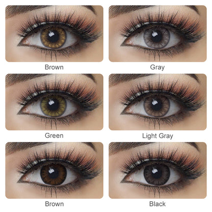 Grid display of 6 shades of Glass Ball colored contacts, showing a variety of shades including Black,Brown, Gray,Green, light gray each paired with a close-up view of the lens pattern and the effect on a brown-eyed model.