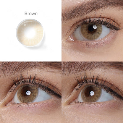 Grid display of 1 shade of HIDROCOR_II Cosmetic Contacts, which is Brown,with a close-up view of the lens pattern and the effect on a brown-eyed model in 3 different angel.