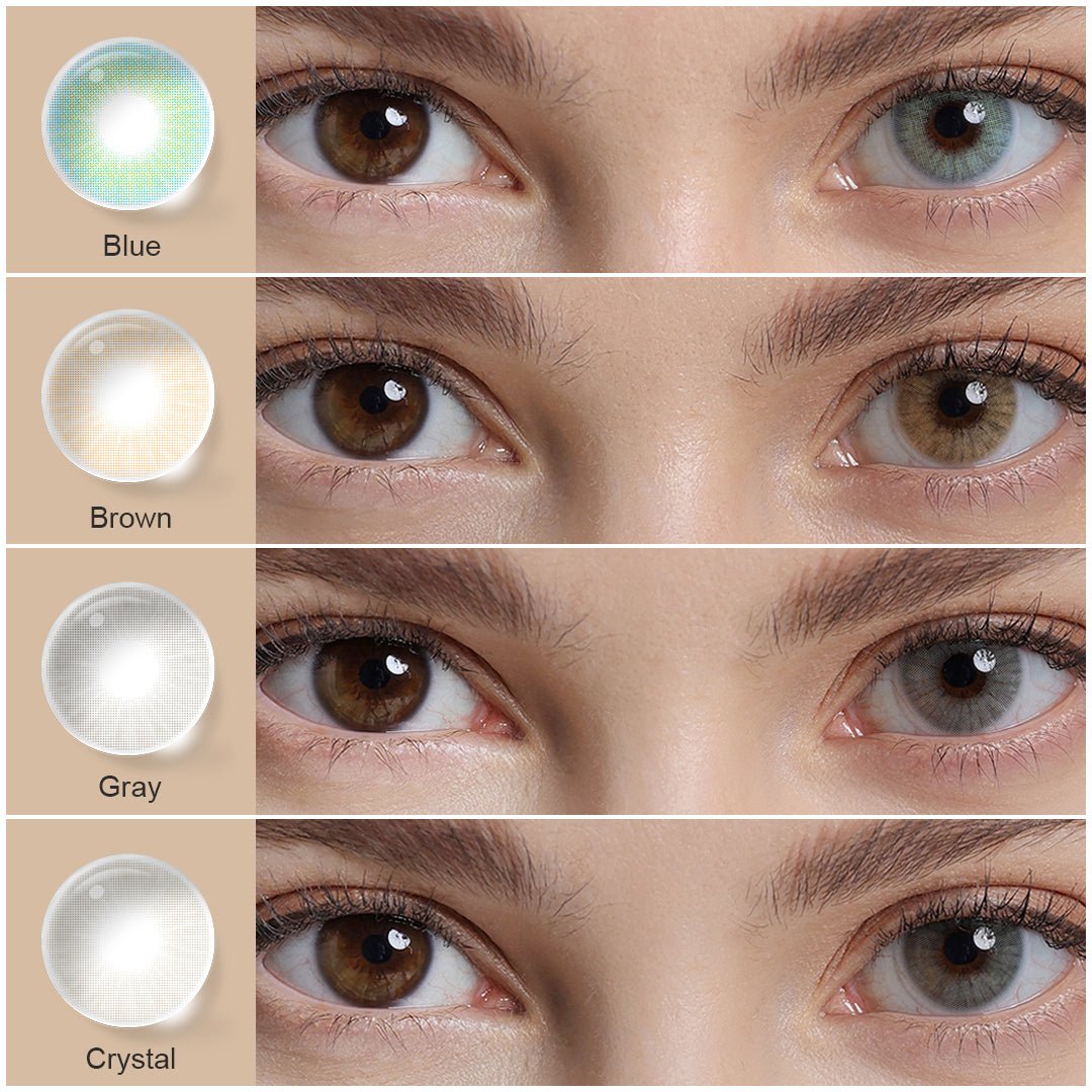 A display of HIDROCOR_II colored contact lenses in Gray,Crystal,Brown,Sky Gray,Blue,Gialloeach shown both as a lens swatch and wearing comparison in a close-up of a model's eye , with the color names labeled beneath each image.