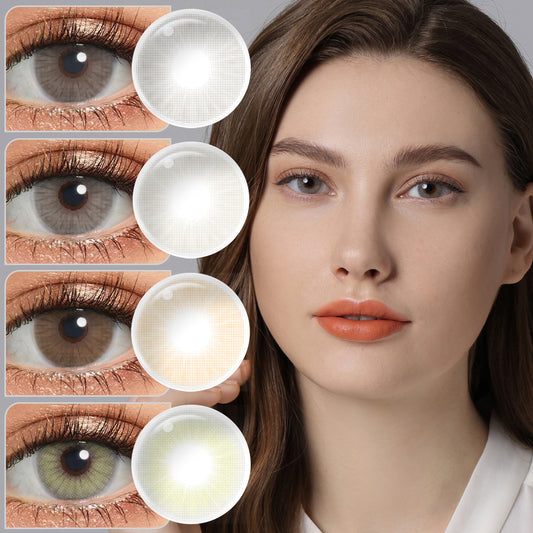 A brown-eyes model showcasing HIDROCOR_II natural colored contact lenses, display the eyes effect of Gray,Crystal,Brown,Sky Gray,Blue,Giallo with close-up insets highlighting the natural and enhanced eye colors available.