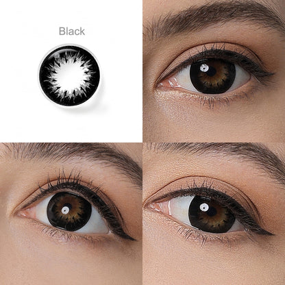 Grid display of 1 shade of Innocent Cosmetic Contacts, which is Black,with a close-up view of the lens pattern and the effect on a brown-eyed model in 3 different angel.
