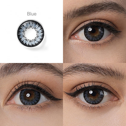Grid display of 1 shade of Innocent Cosmetic Contacts, which is Blue,with a close-up view of the lens pattern and the effect on a brown-eyed model in 3 different angel.