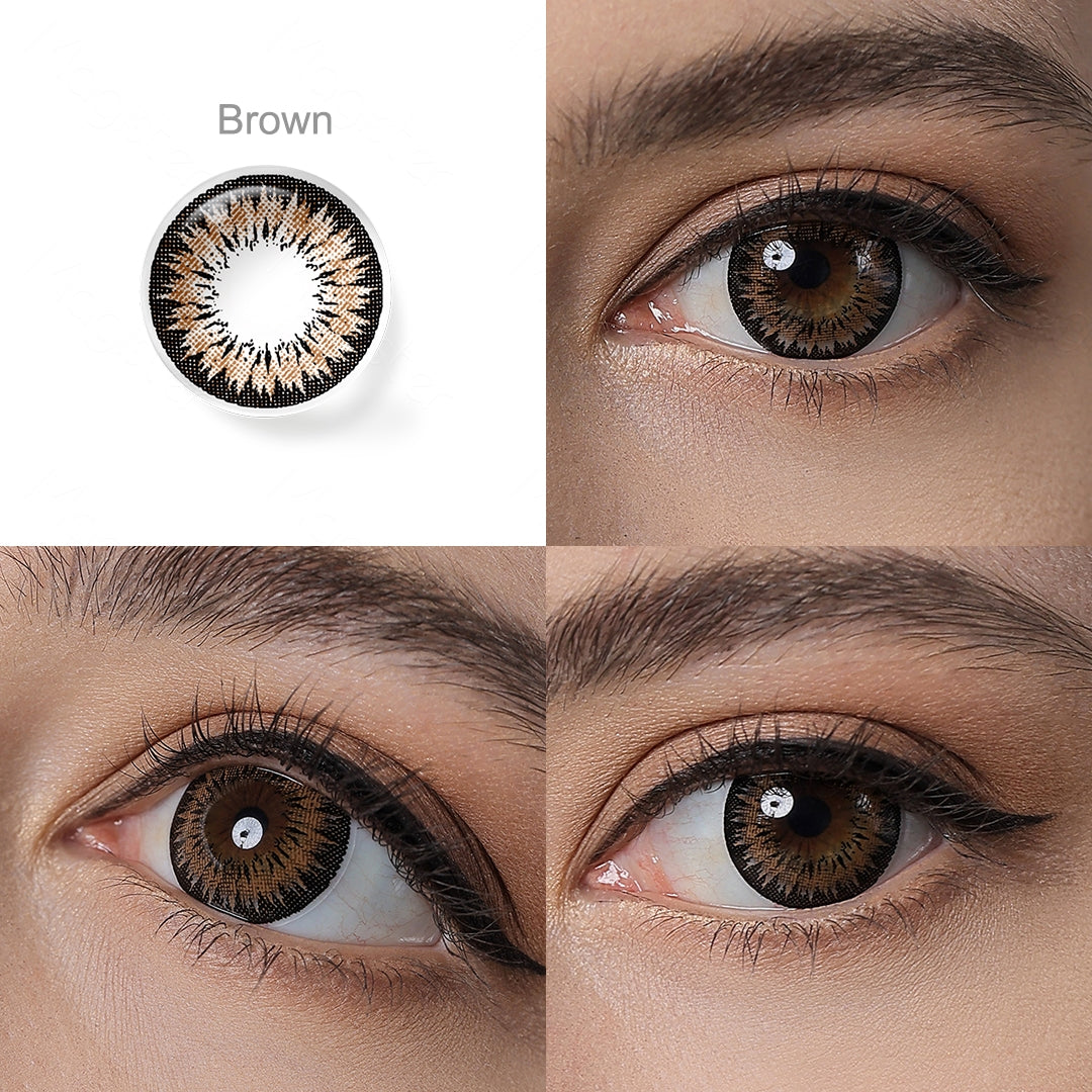 Grid display of 1 shade of Innocent Cosmetic Contacts, which is Brown,with a close-up view of the lens pattern and the effect on a brown-eyed model in 3 different angel.