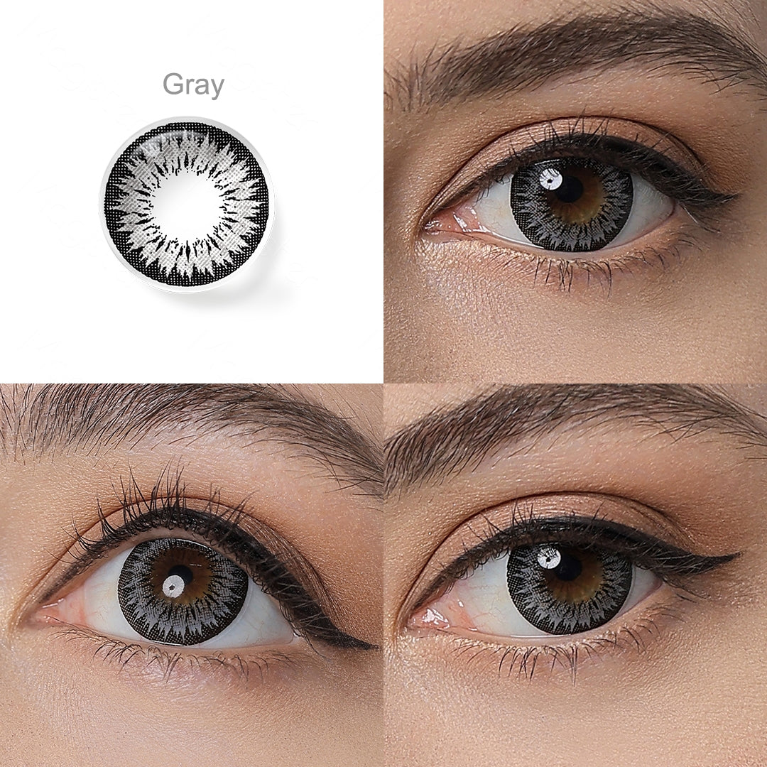 Grid display of 1 shade of Innocent Cosmetic Contacts, which is Gray,with a close-up view of the lens pattern and the effect on a brown-eyed model in 3 different angel.
