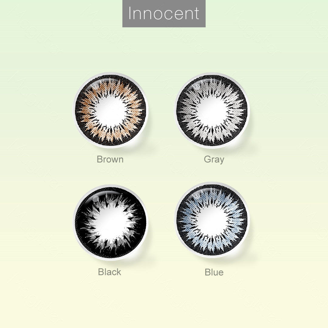 Grid layout of Innocent colored contact lenses in various shades with each lens' color name: Brown, Gray, Blue, Black with close-up insets highlighting the natural and enhanced eye colors available., on a soft gradient background.