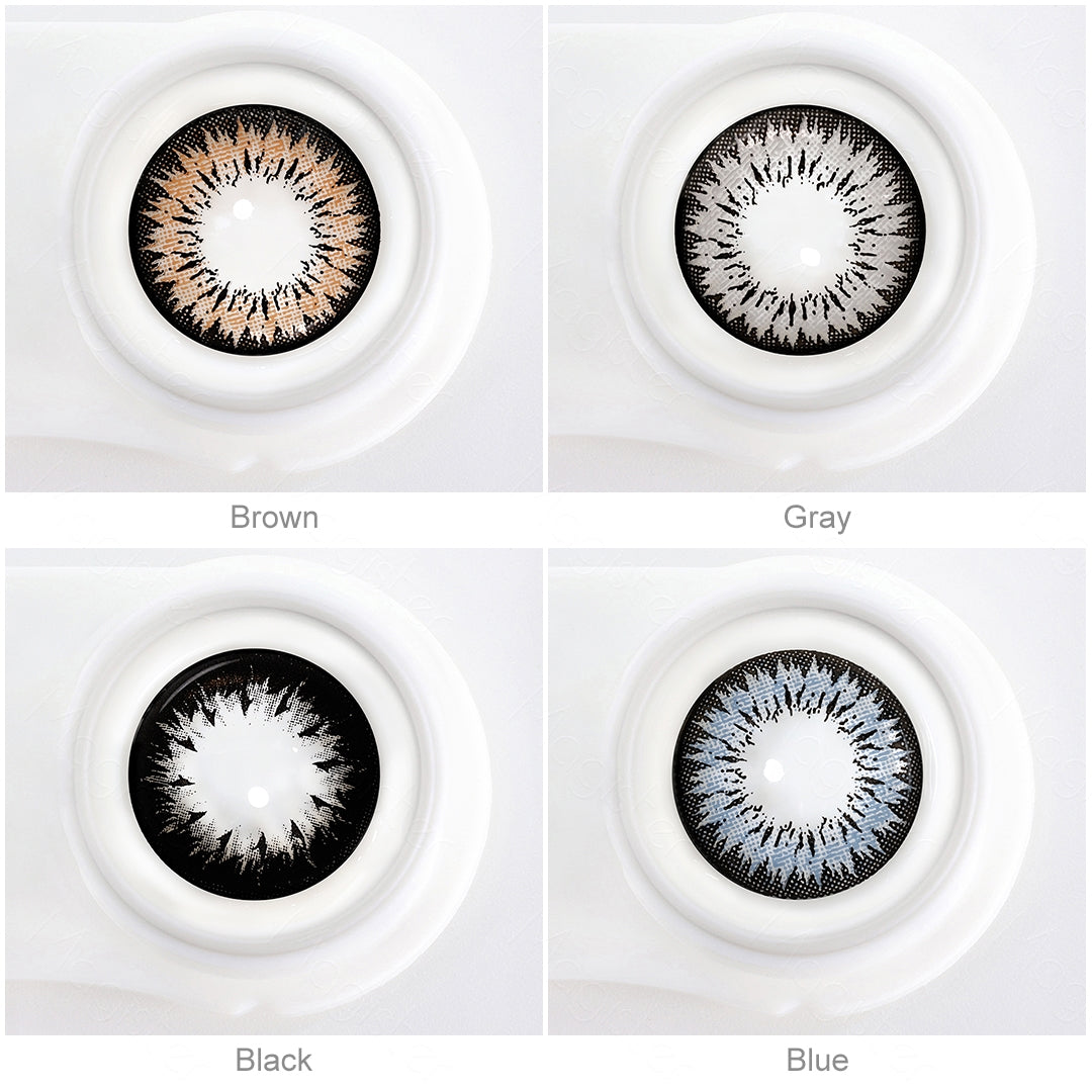 Array of Innocent contact lenses in a white case, showcasing 4 colors:Brown, Gray, Blue, Black. Each lens is labeled with its color name beneath the case.