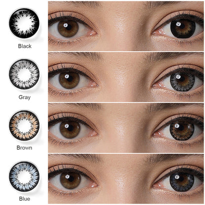 A display of Innocent colored contact lenses in Brown, Gray, Blue, Black, each shown both as a lens swatch and wearing comparison in a close-up of a model's eye , with the color names labeled beneath each image.