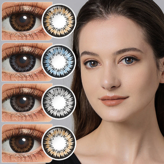 A young lady model showcasing Innocent natural colored contact lenses, display the eyes effect of Brown, Gray, Blue, Violet with close-up insets highlighting the natural and enhanced eye colors available.