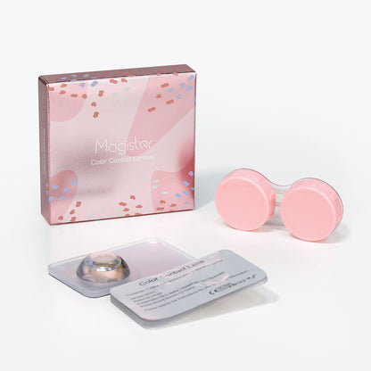 display a Magister Innocent contact lenses pink package box with shine and beautiful pattern ,one box contain with 2 pcs lenses and 1 lens box