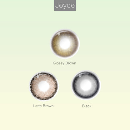 Grid layout of Joyce colored contact lenses in various shades with each lens' color name: Glossy Brown, Latte Brown and Black, on a soft gradient background.