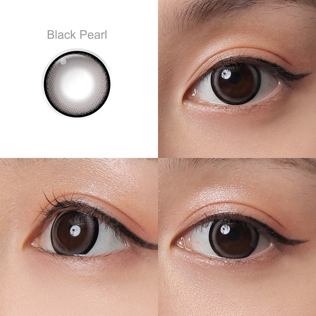 Grid display of 1 shade of Jupiter Cosmetic Contacts, which is Black Pearl,with a close-up view of the lens pattern and the effect on a brown-eyed model in 3 different angel.