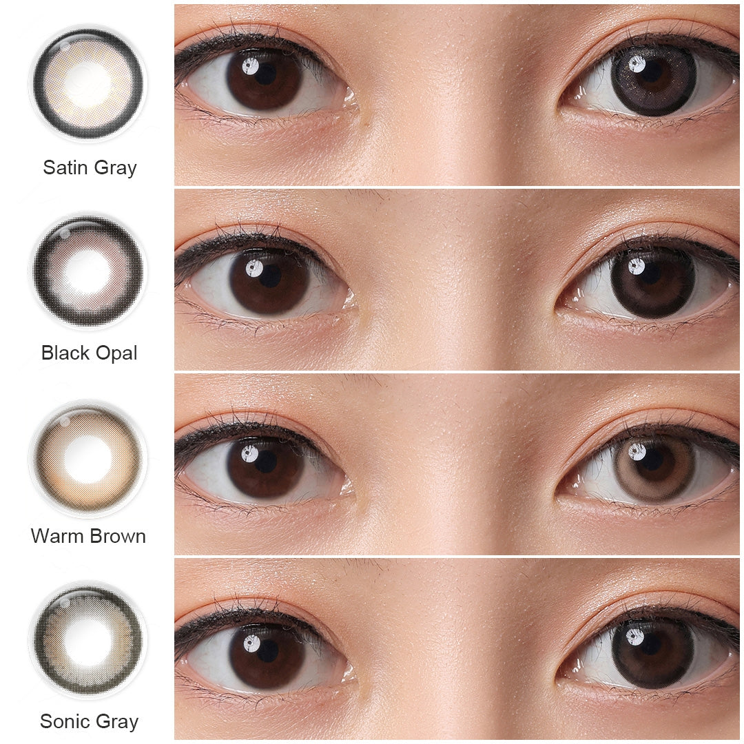 A display of Jupiter colored contact lenses in Warm Brown，Dim Gray，Satin Gray，Sonic Gray，Black Opal，Black Pearl each shown both as a lens swatch and wearing comparison in a close-up of a model's eye , with the color names labeled beneath each image.