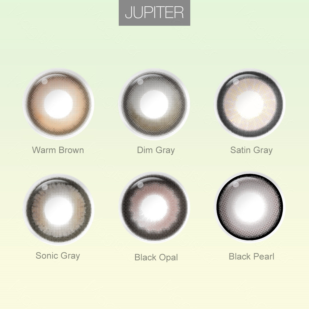 Grid layout of Jupiter colored contact lenses in various shades with each lens' color name:Warm Brown，Dim Gray，Satin Gray，Sonic Gray，Black Opal，Black Pearl with close-up insets highlighting the natural and enhanced eye colors available., on a soft gradient background.