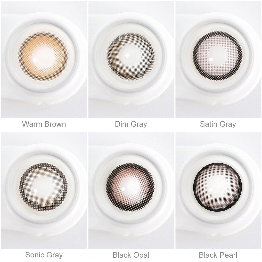 Array of Jupiter contact lenses in a white case, showcasing five colors:Warm Brown，Dim Gray，Satin Gray，Sonic Gray，Black Opal，Black Pearl. Each lens is labeled with its color name beneath the case.