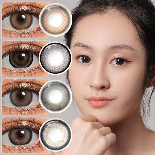 A brown-eyes model showcasing Jupiter natural colored contact lenses, display the eyes effect of Warm Brown，Dim Gray，Satin Gray，Sonic Gray，Black Opal，Black Pearl with close-up insets highlighting the natural and enhanced eye colors available.