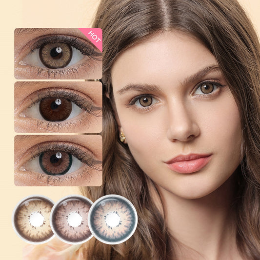 A brown-eyes model showcasing Kawaii natural colored contact lenses, display the eyes effect of Kawaii Brown and Kawaii Choco with close-up insets highlighting the natural and enhanced eye colors available.
