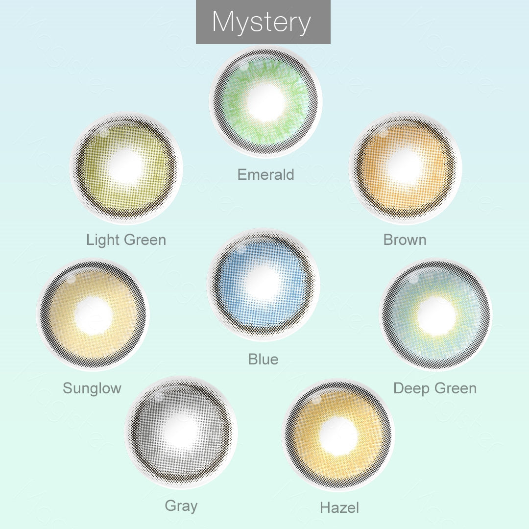 Grid layout of Mystery colored contact lenses in various shades with each lens' color name: Brown, Light Green, Blue, Gray, Hazel, Deep Green, Emerald and Sunglow, on a soft gradient background.