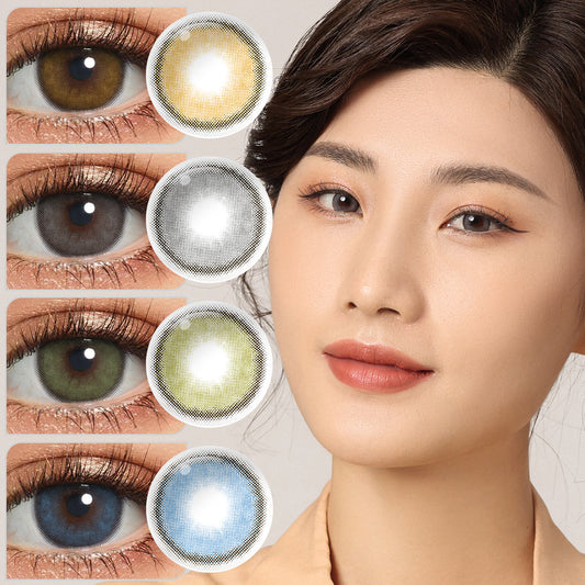 A young lady showcasing Mystery colored contact lenses, with close-up insets highlighting the natural and enhanced eye colors available.